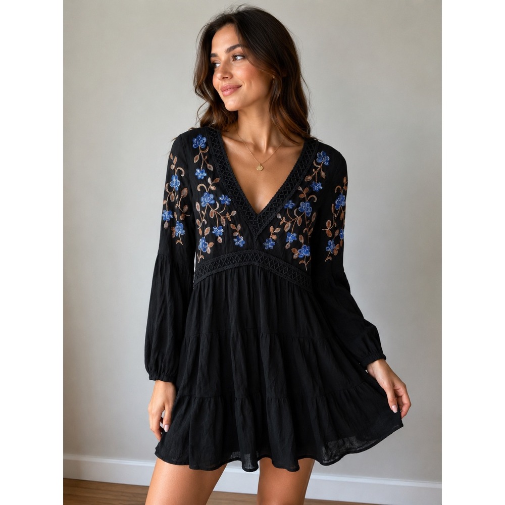 Blue Rain Black Floral Embroidered Boho Tiered Mini Dress XS WS50897